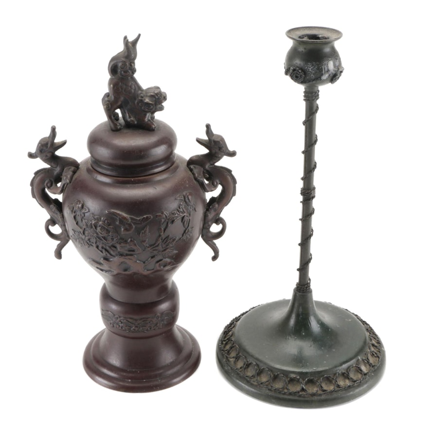 Chinese Mythical Beast Motif Lidded Bronze Vessel with Other Metal Candlestick