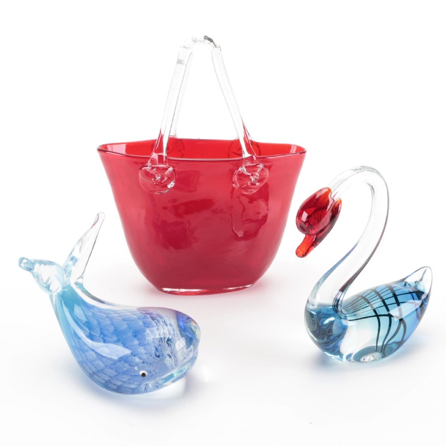 Art Glass Whale and Swan Figurines with Glass Basket