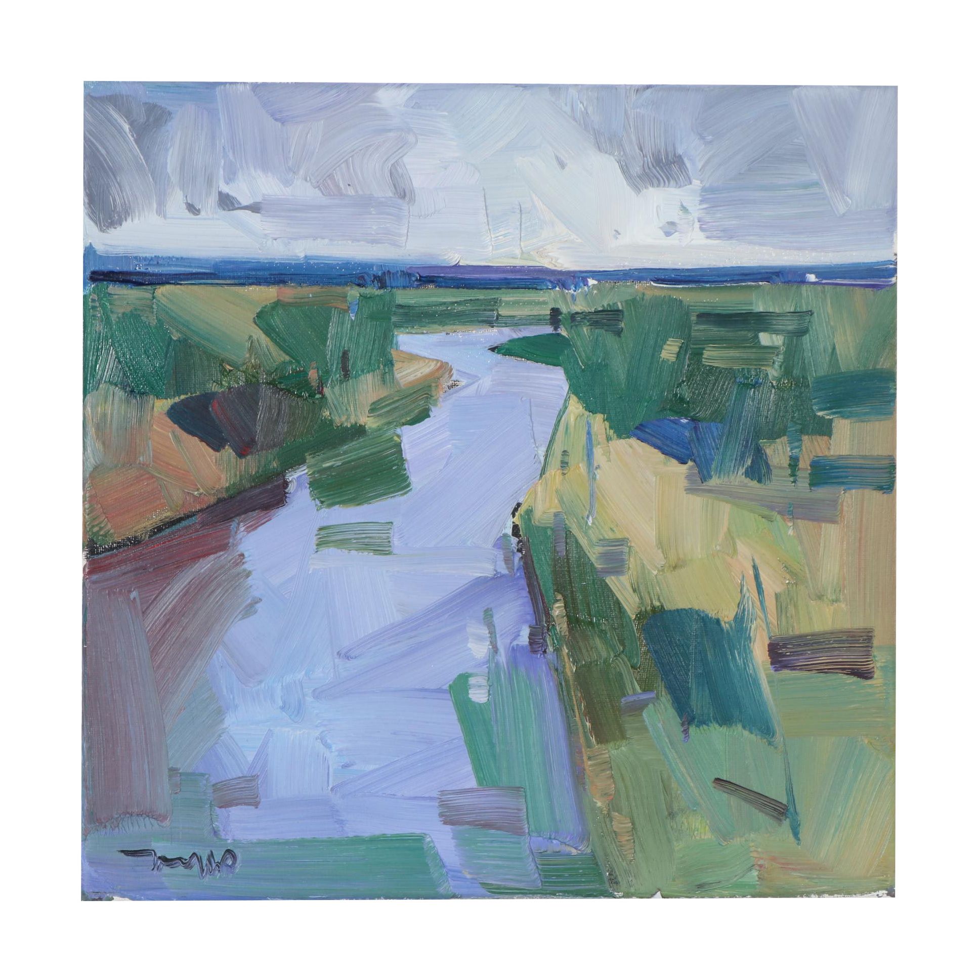 Jose Trujillo Abstract Landscape Oil Painting "Peaceful River," 2021
