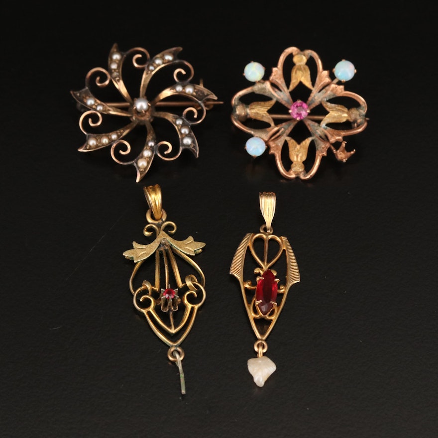 Art Nouveau Opal, Seed Pearl and Glass Pins and Pendants