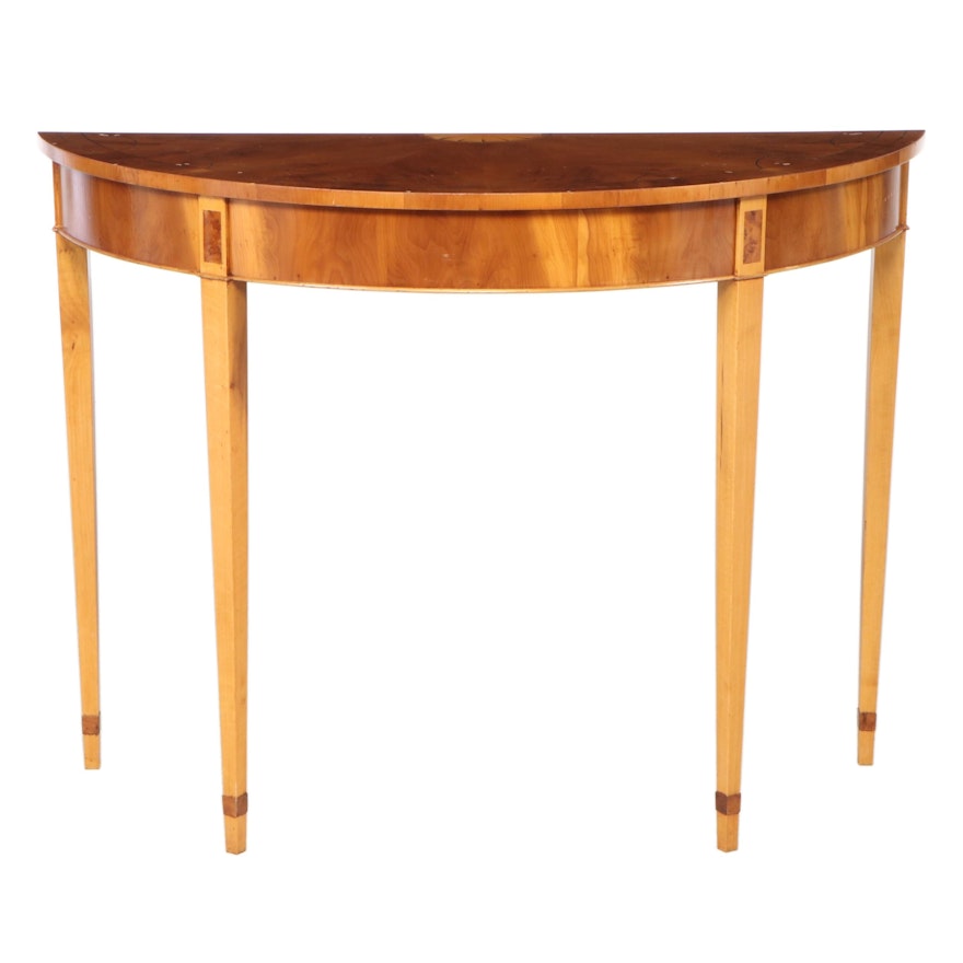 George III Style Yew Wood and Marquetry Demilune Console Table