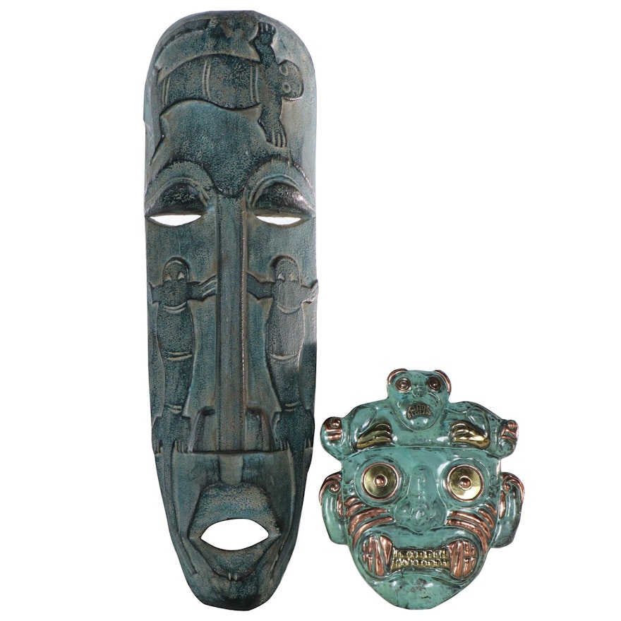 Angel Franco Copper Mask "Chavin Personage" and Indonesian Wood Mask