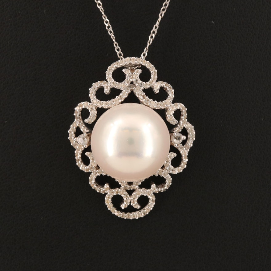 Sterling Pearl and Topaz Scrollwork Pendant Necklace