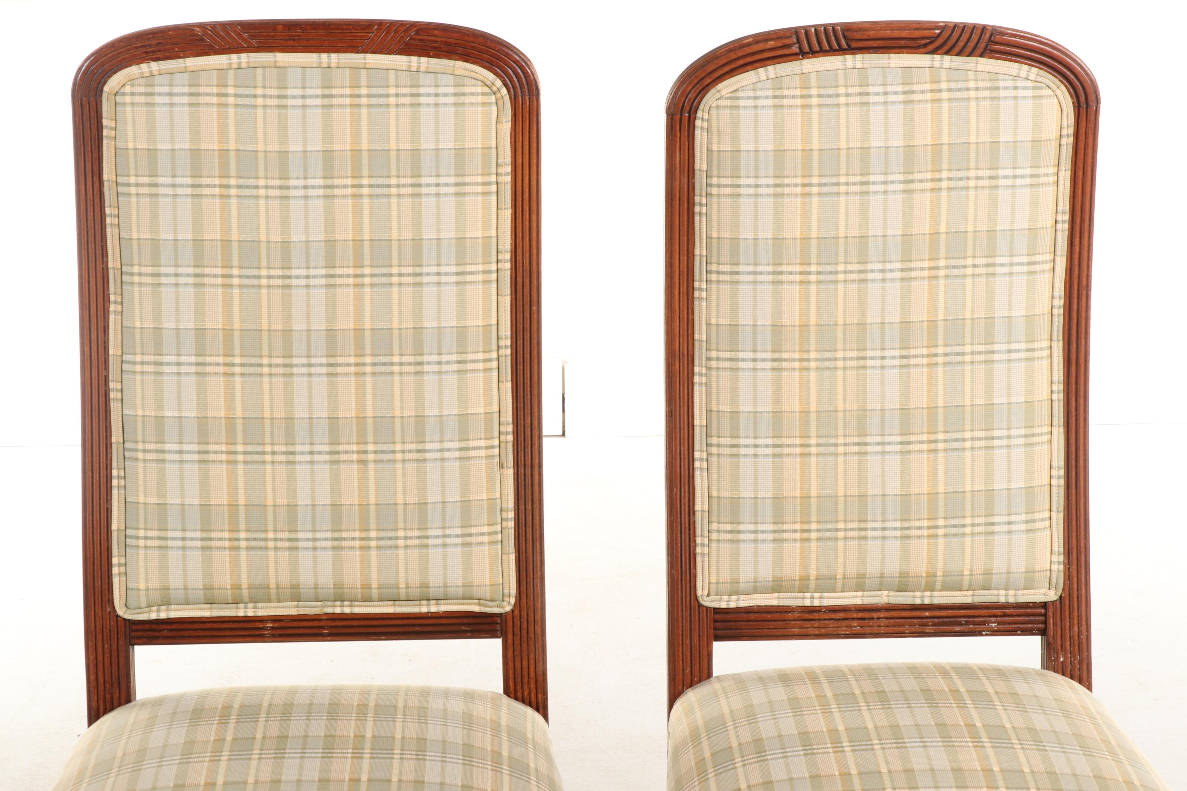 Pair of Italian Reeded Beech Dining Chairs in Woven Plaid Upholstery