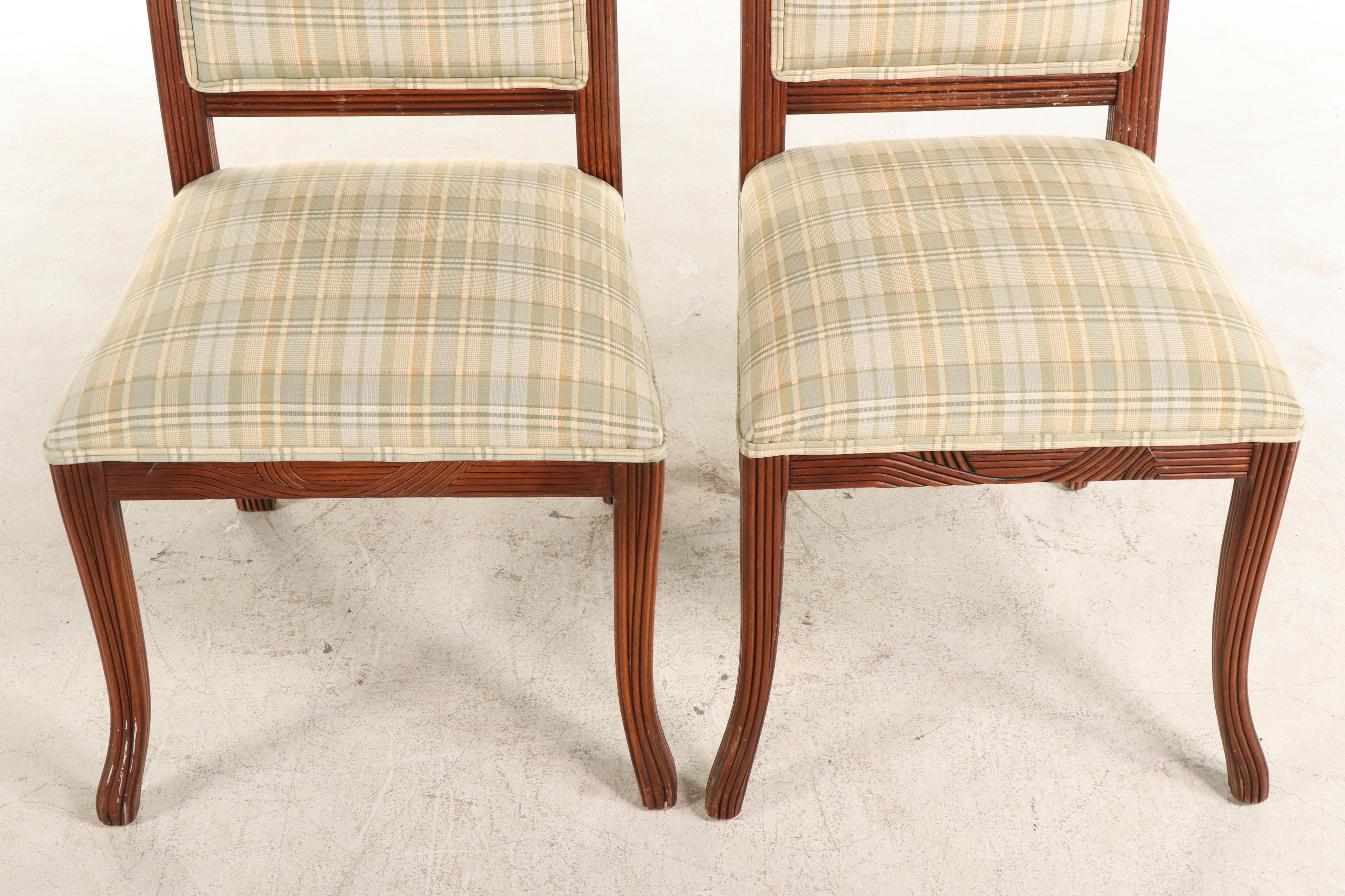Pair of Italian Reeded Beech Dining Chairs in Woven Plaid Upholstery