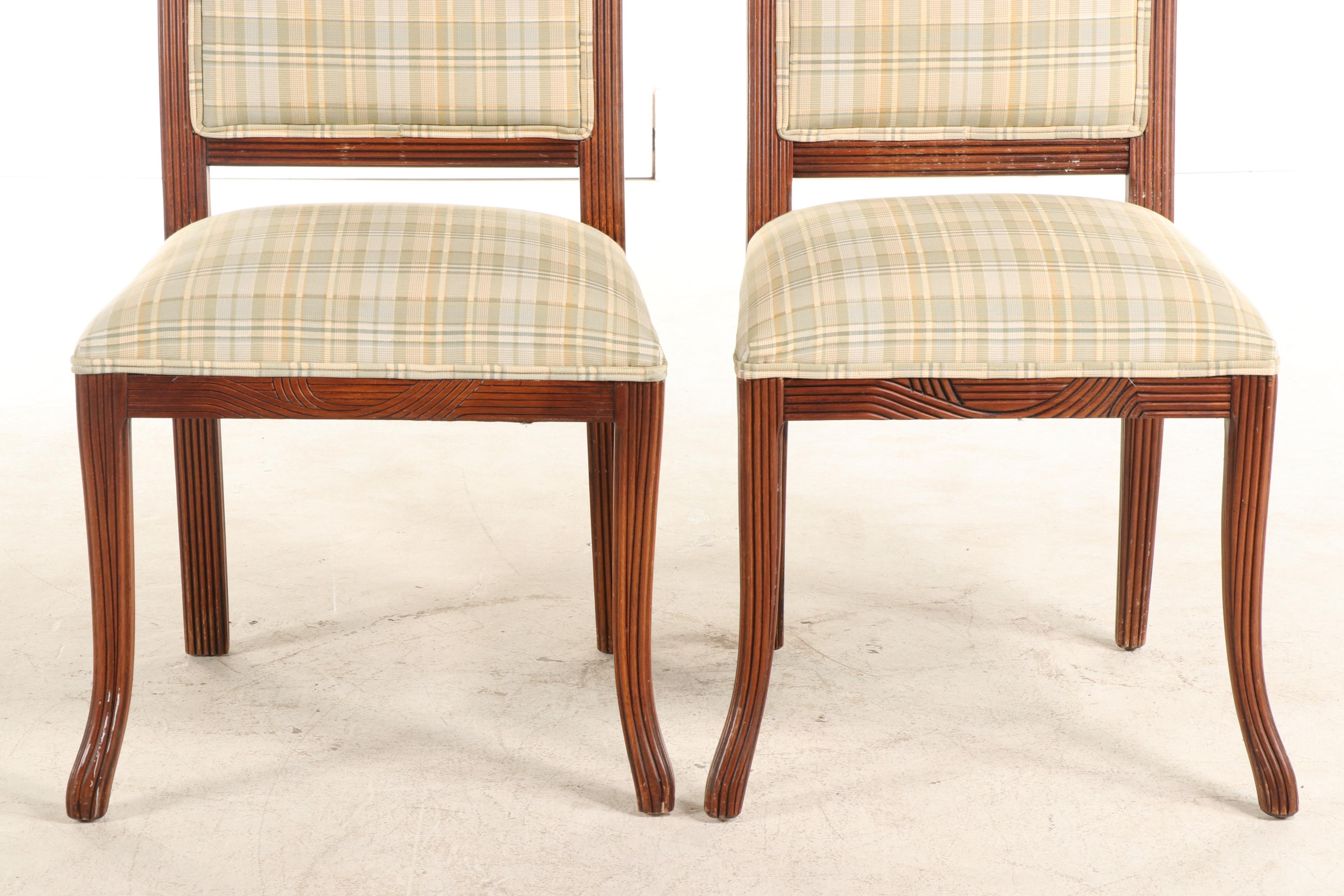Pair of Italian Reeded Beech Dining Chairs in Woven Plaid Upholstery
