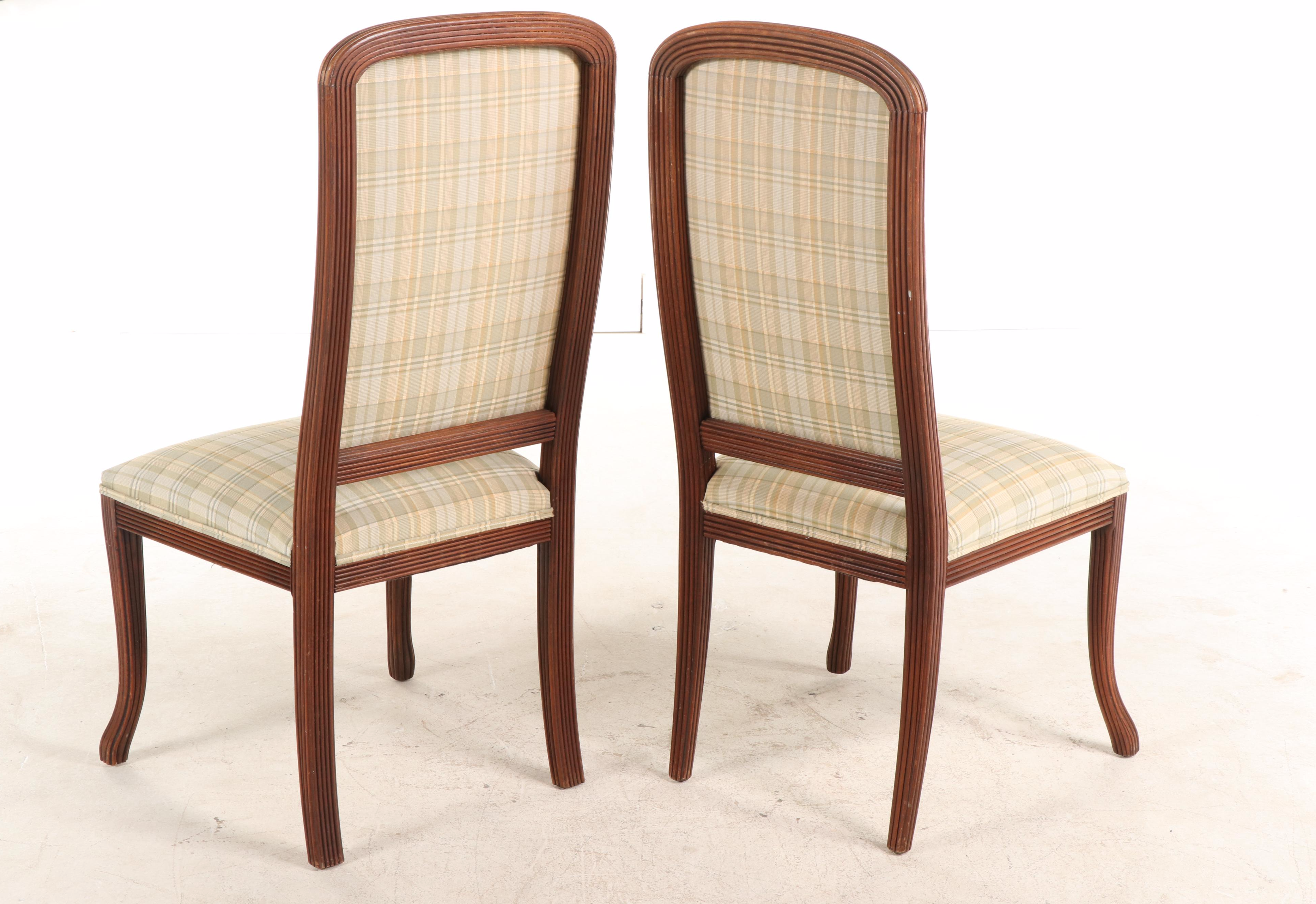 Pair of Italian Reeded Beech Dining Chairs in Woven Plaid Upholstery