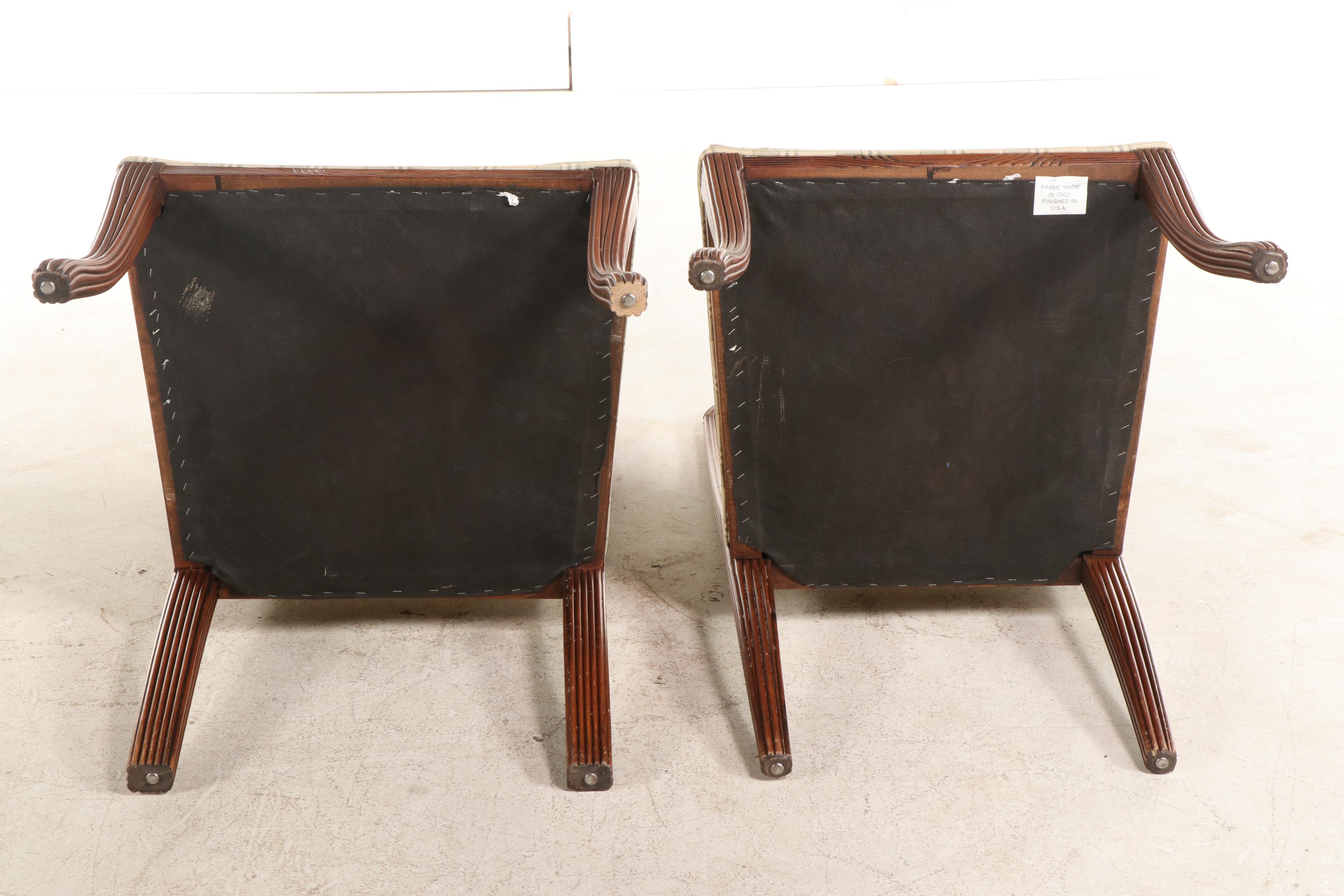 Pair of Italian Reeded Beech Dining Chairs in Woven Plaid Upholstery