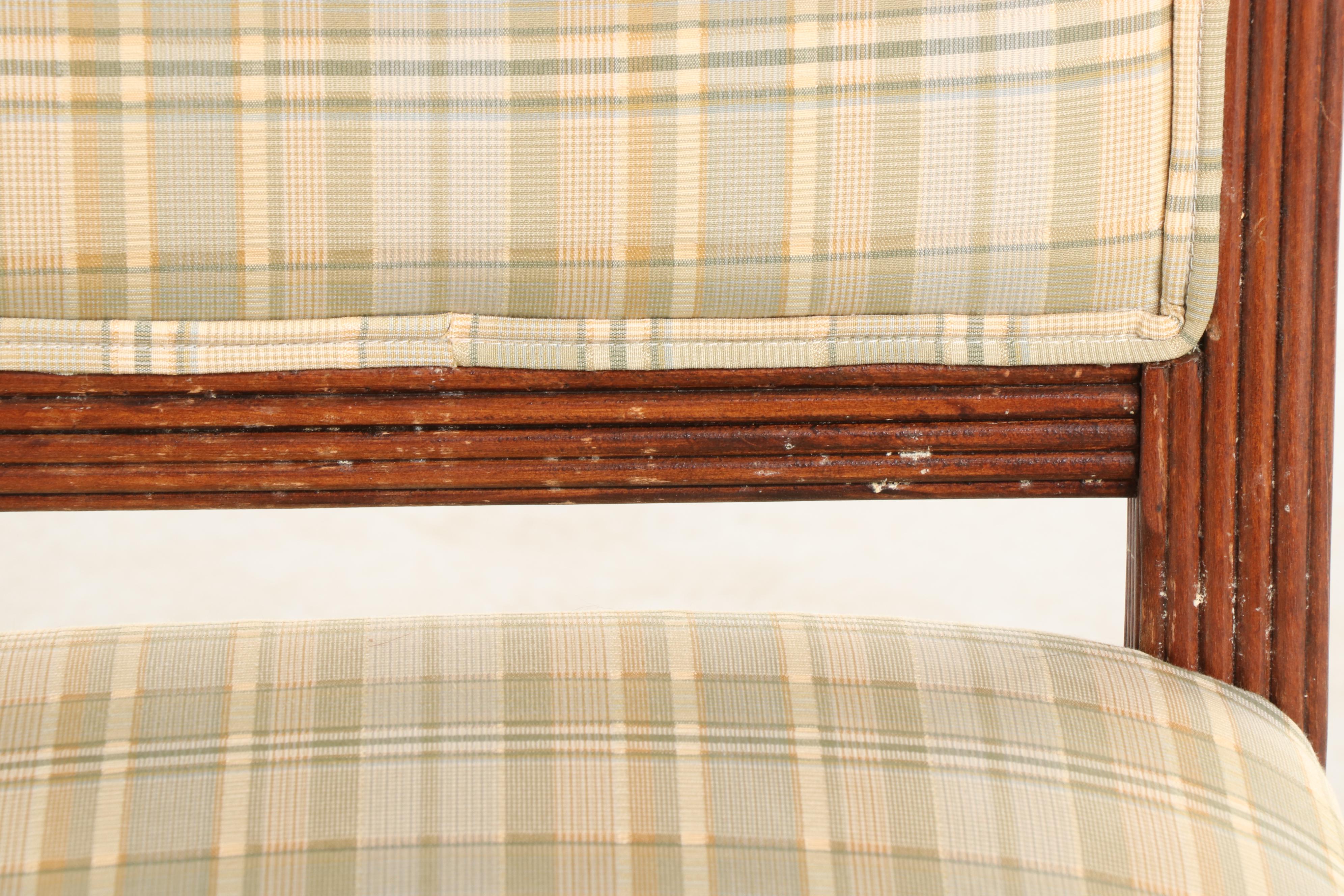 Pair of Italian Reeded Beech Dining Chairs in Woven Plaid Upholstery