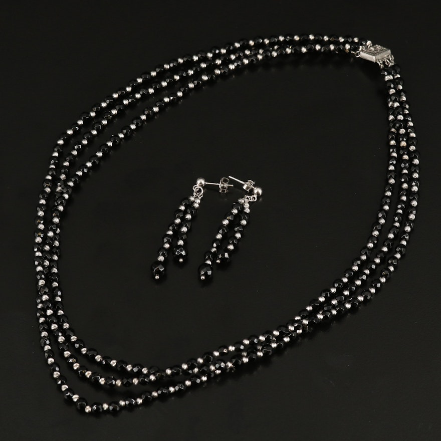 Sterling Silver Black Onyx Beaded Triple Strand Necklace and Drop Earring Set
