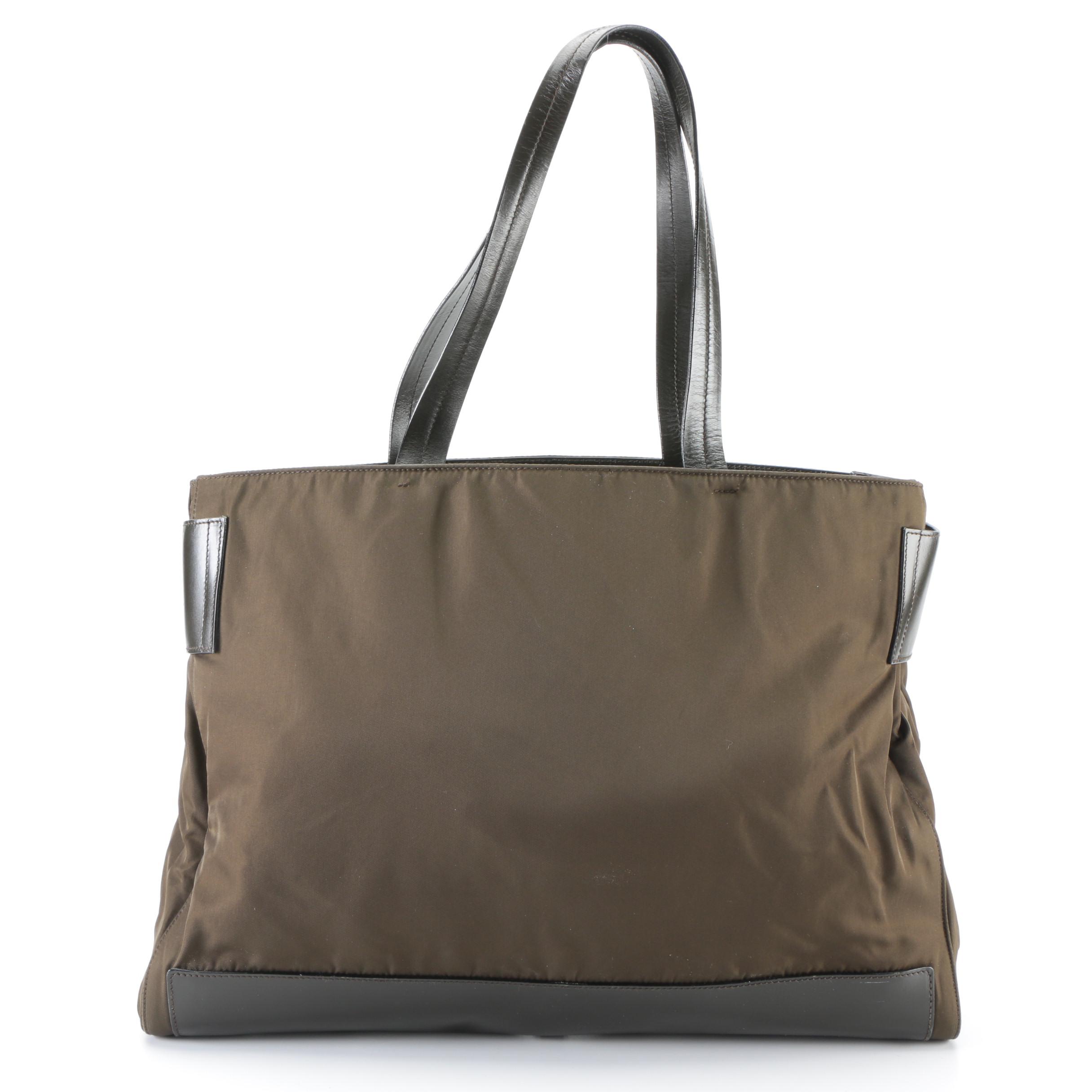 Prada Shoulder Tote Bag in Olive Green Nylon Tessuto and Olive Leather