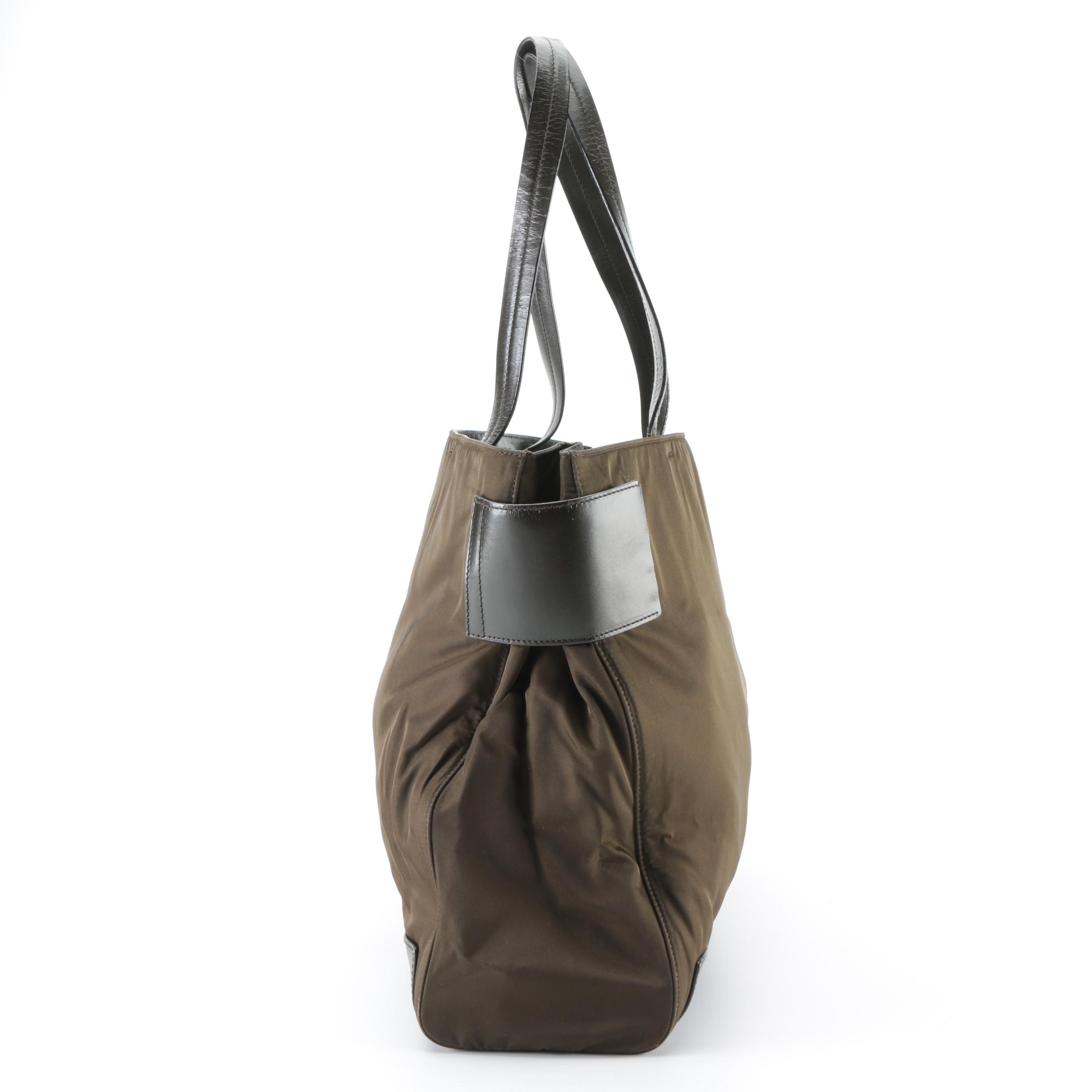 Prada Shoulder Tote Bag in Olive Green Nylon Tessuto and Olive Leather