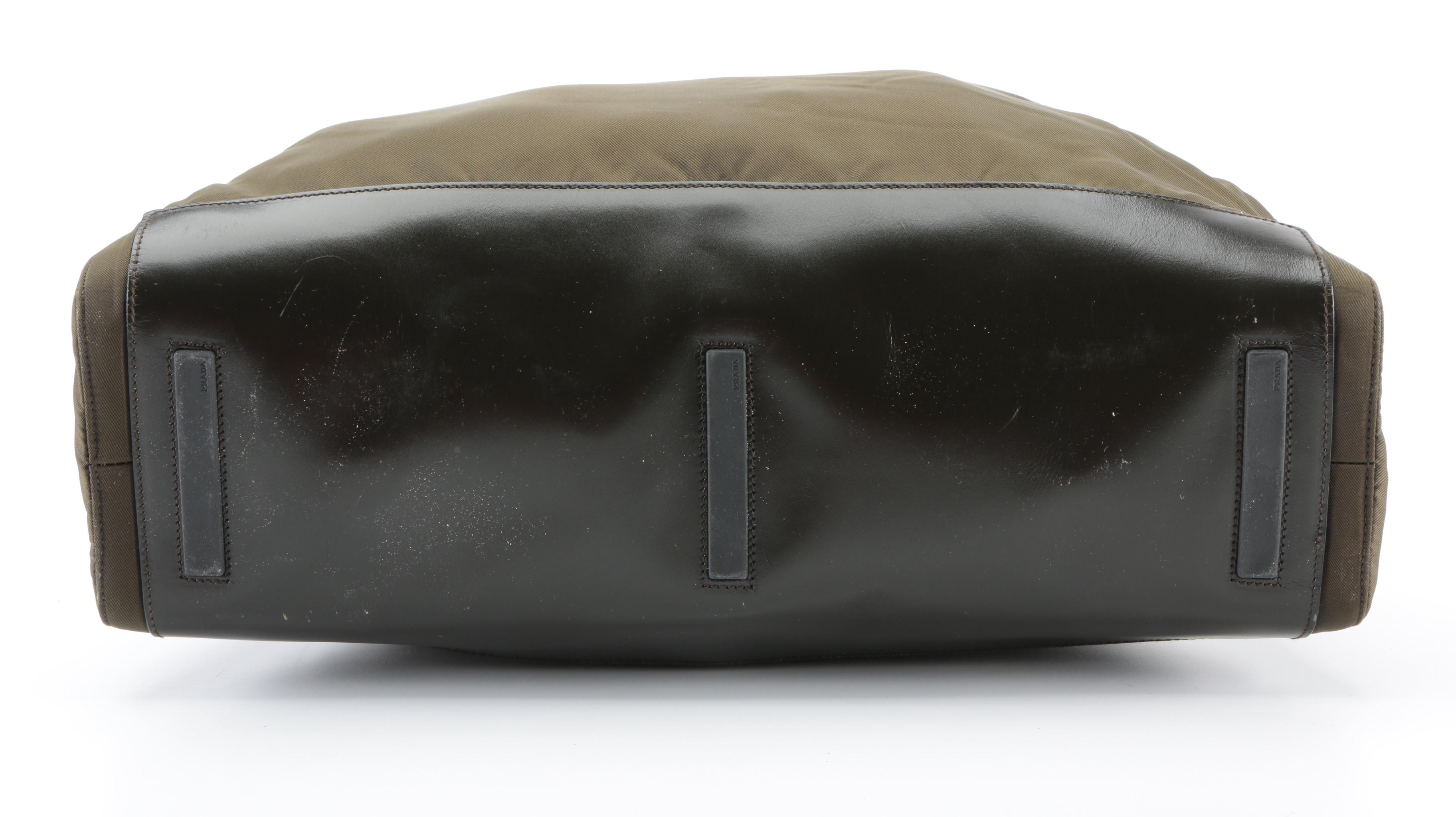 Prada Shoulder Tote Bag in Olive Green Nylon Tessuto and Olive Leather