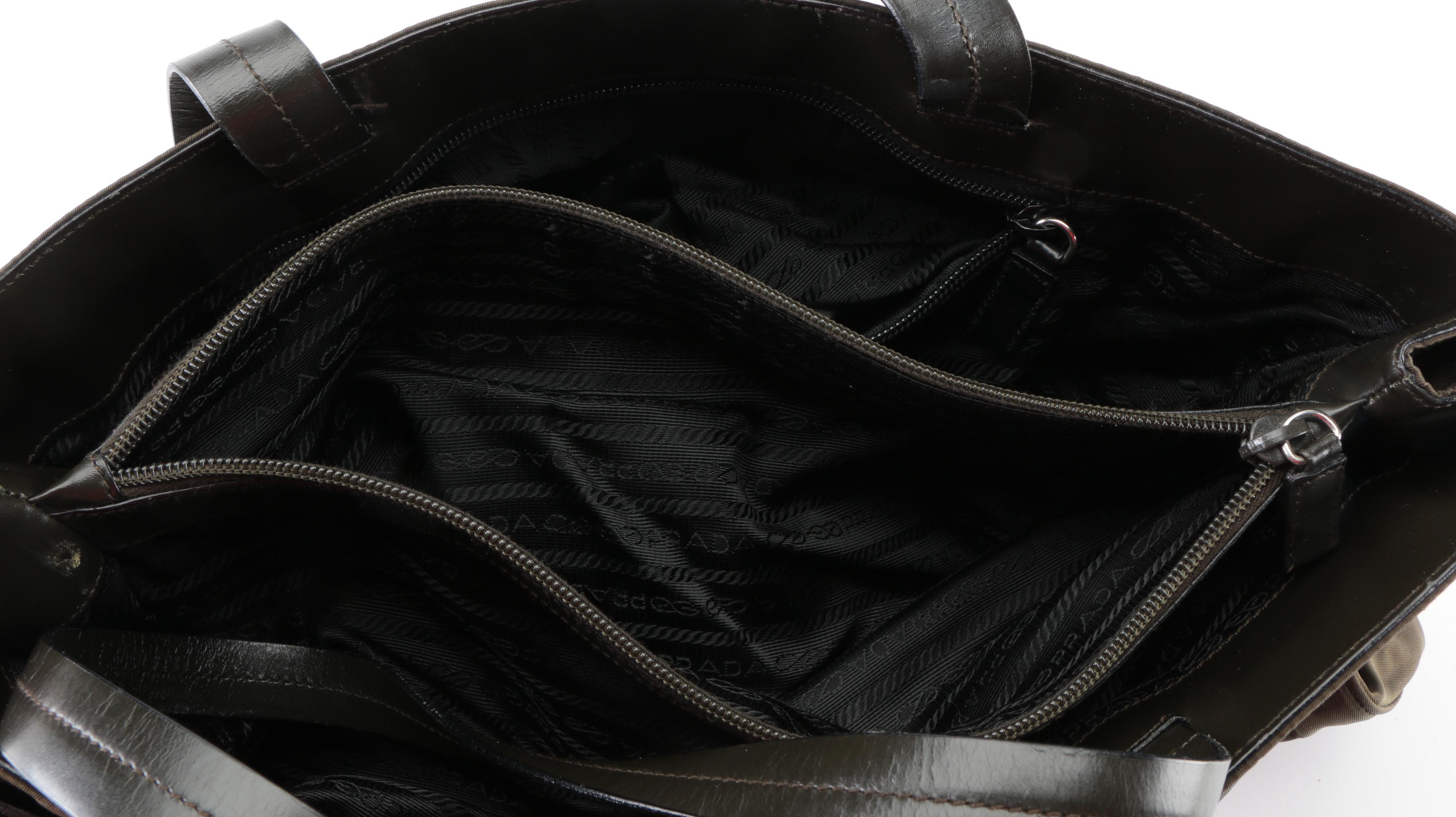 Prada Shoulder Tote Bag in Olive Green Nylon Tessuto and Olive Leather