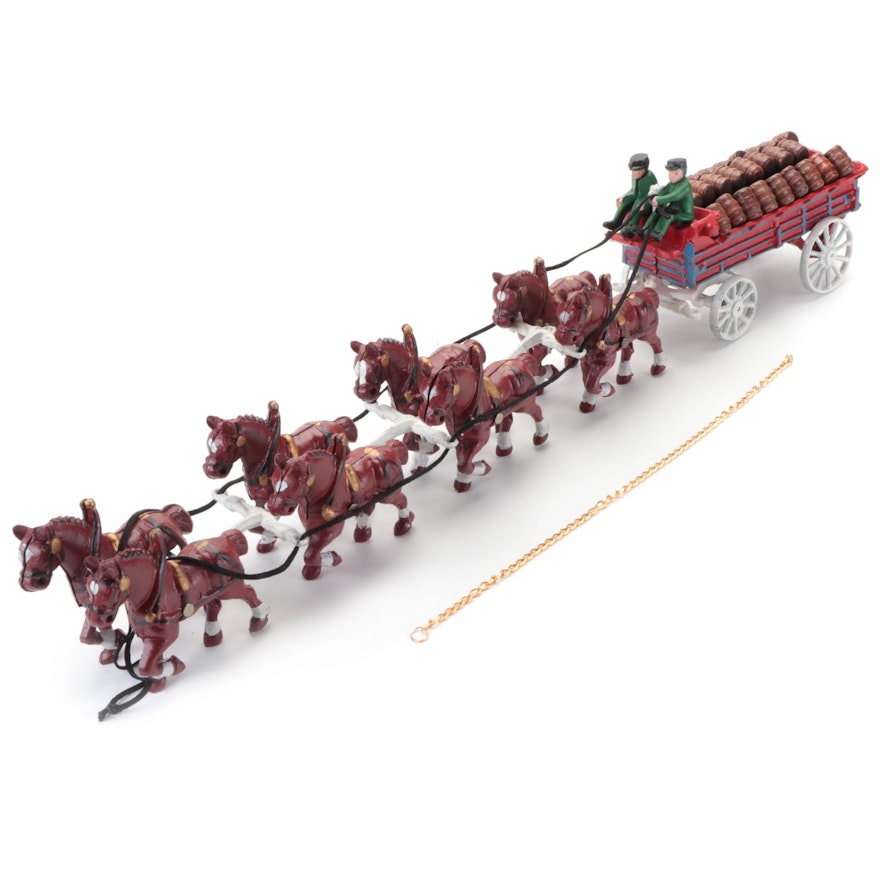 Cast Iron Beer Barrel Wagon and Clydesdale Team, Early to Mid 20th Century