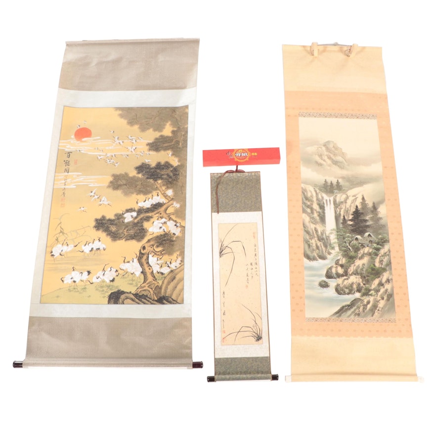 Chinese Paintings on Hanging Scrolls Including "One Hundred Cranes"