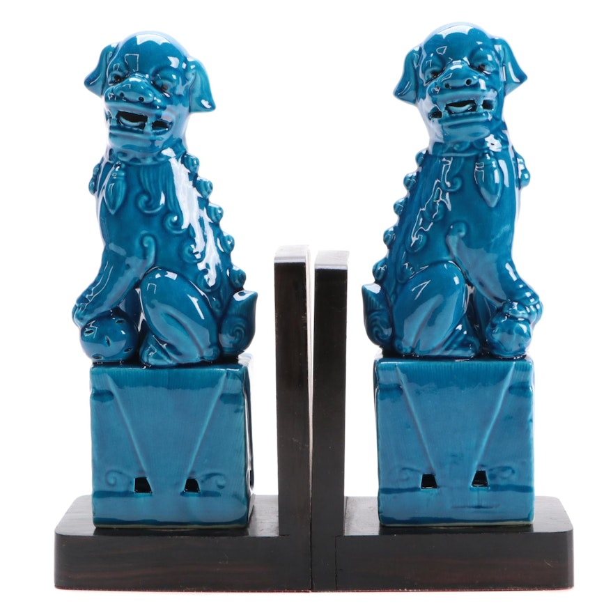 Chinese Turquoise Glazed Ceramic Guardian Lion Bookends