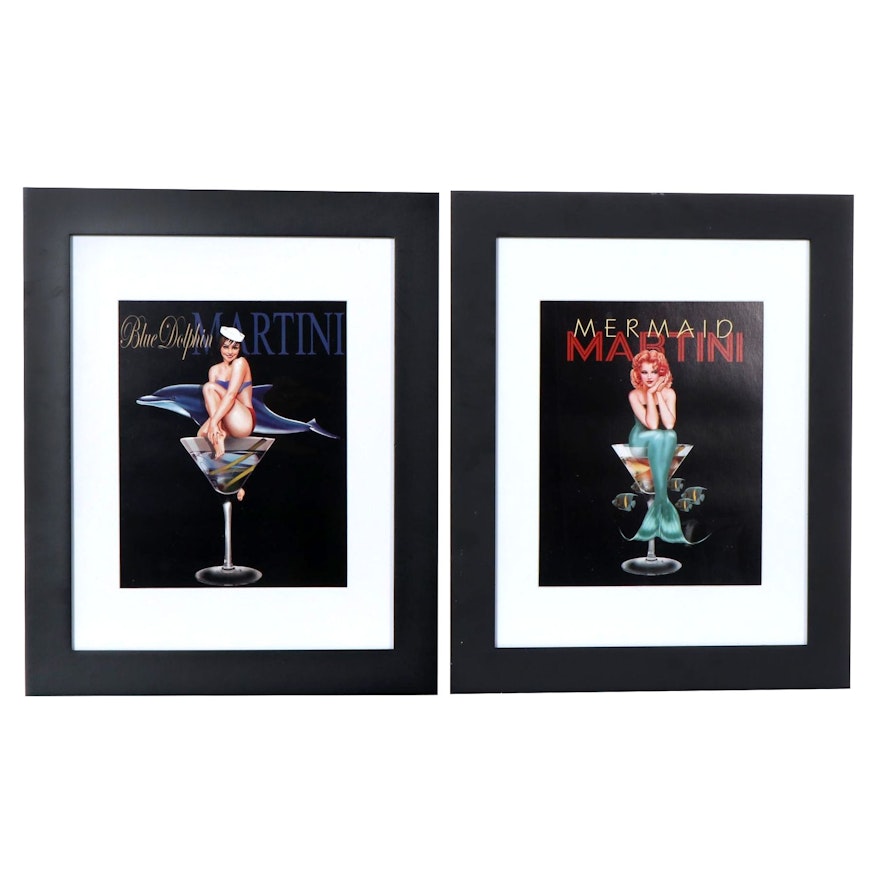 Offset Lithographs After Ralph Burch "Mermaid Martini" and "Blue Dolphin Martini