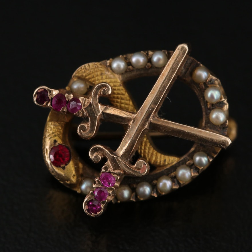 Vintage 10K Theta Chi Fraternity Pin with Seed Pearls and Ruby