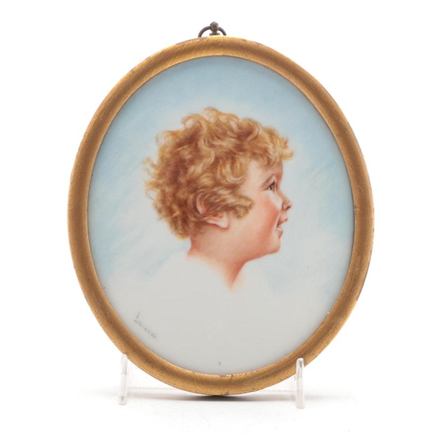 Hand-Painted Porcelain Portrait of a Child, Early to Mid 20th Century