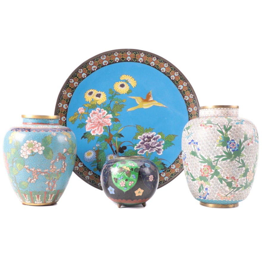 Chinese Cloisonné Plate and Vases