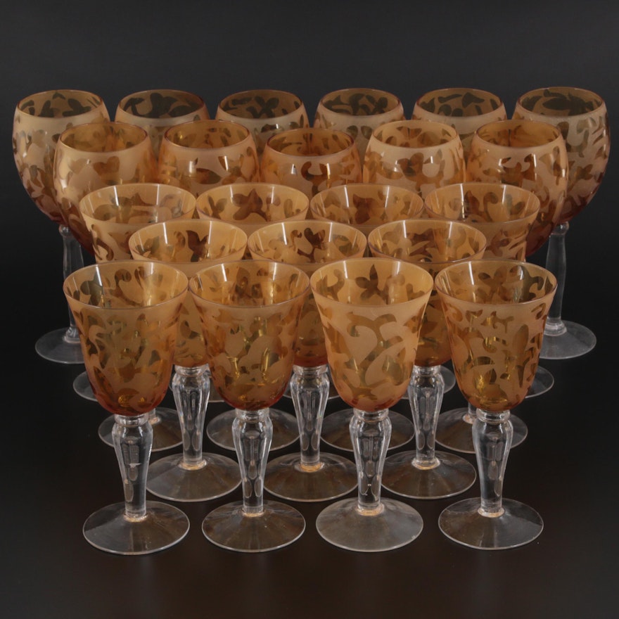 Michael Weems "Elise" Amber Blown Glass Wine Glasses and Water Goblets