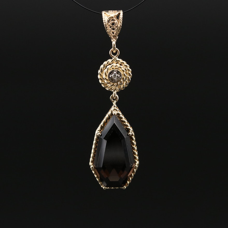 14K Gold Smoky Quartz and Diamond Pendant