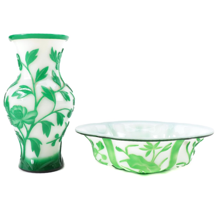 Chinese Green Peking Glass Vase and Bowl, Mid to Late 20th Century