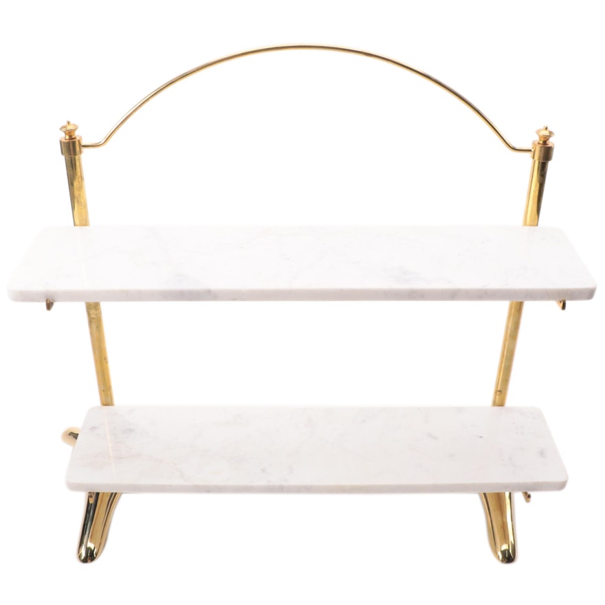 Two Tier Brass Étagère with White Marble Shelves, Mid to Late 20th Century