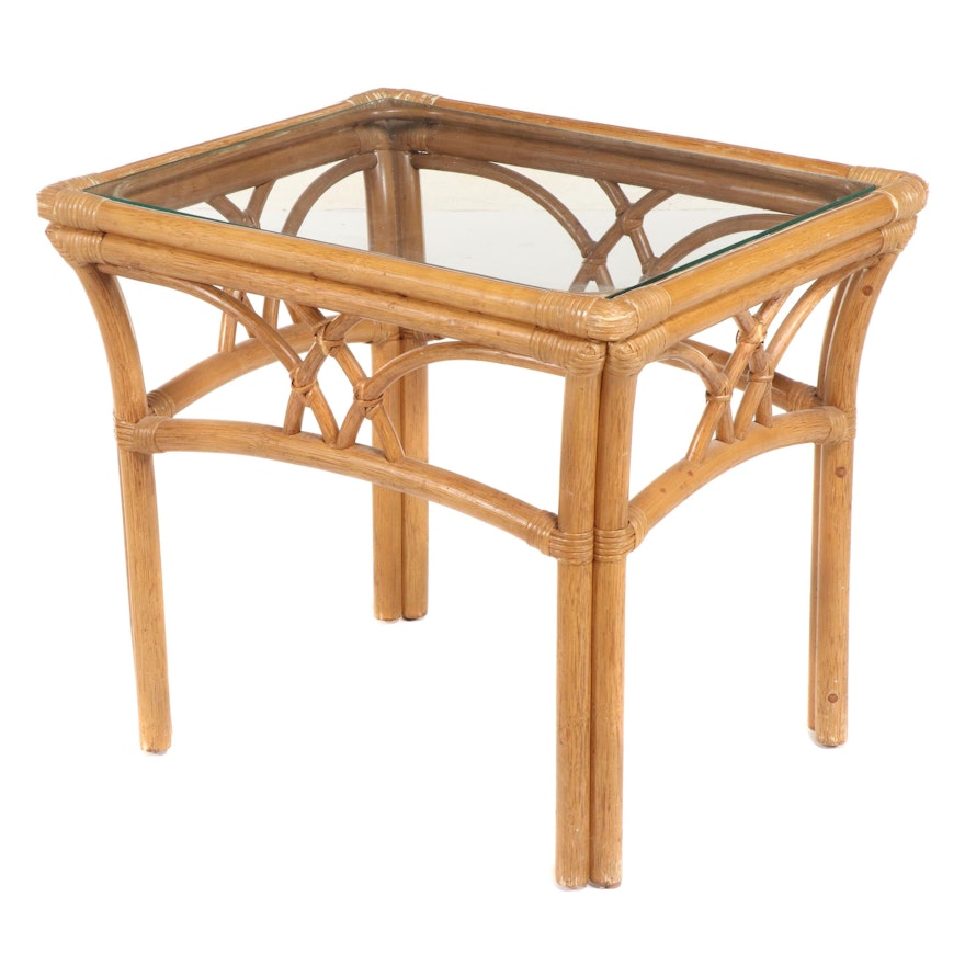 Rattan Glass Top Side Table, Late 20th Century