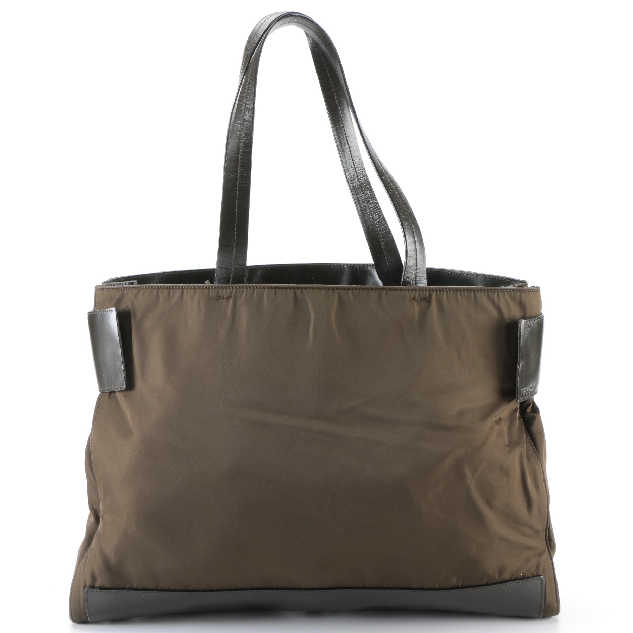 Prada Shoulder Tote Bag in Olive Green Nylon Tessuto and Olive Leather