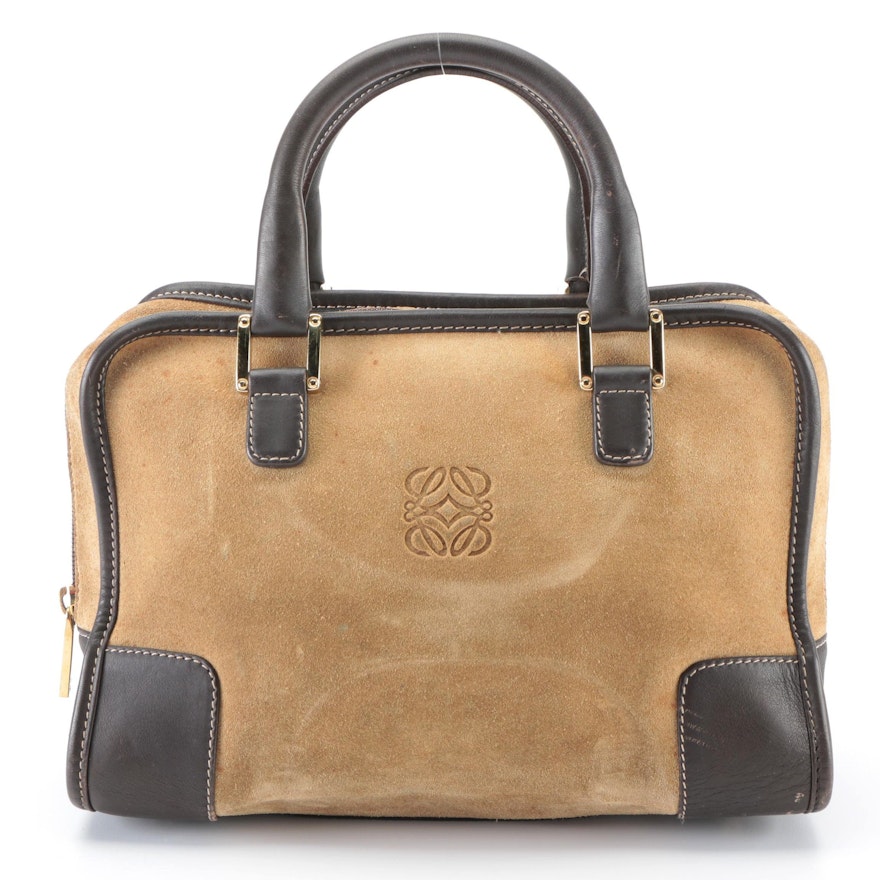 Loewe Handbag Small in Dark Tan Suede and Dark Brown Leather