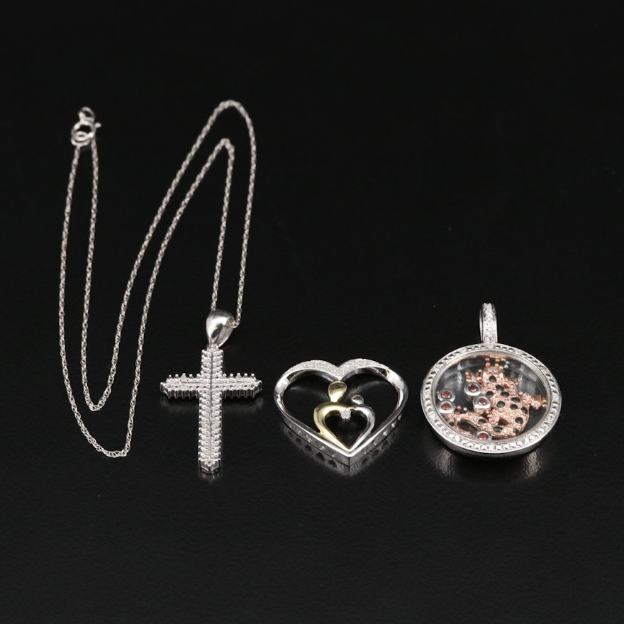 Sterling Cross Necklace and Mother and Child Heart Pendant Including Diamond