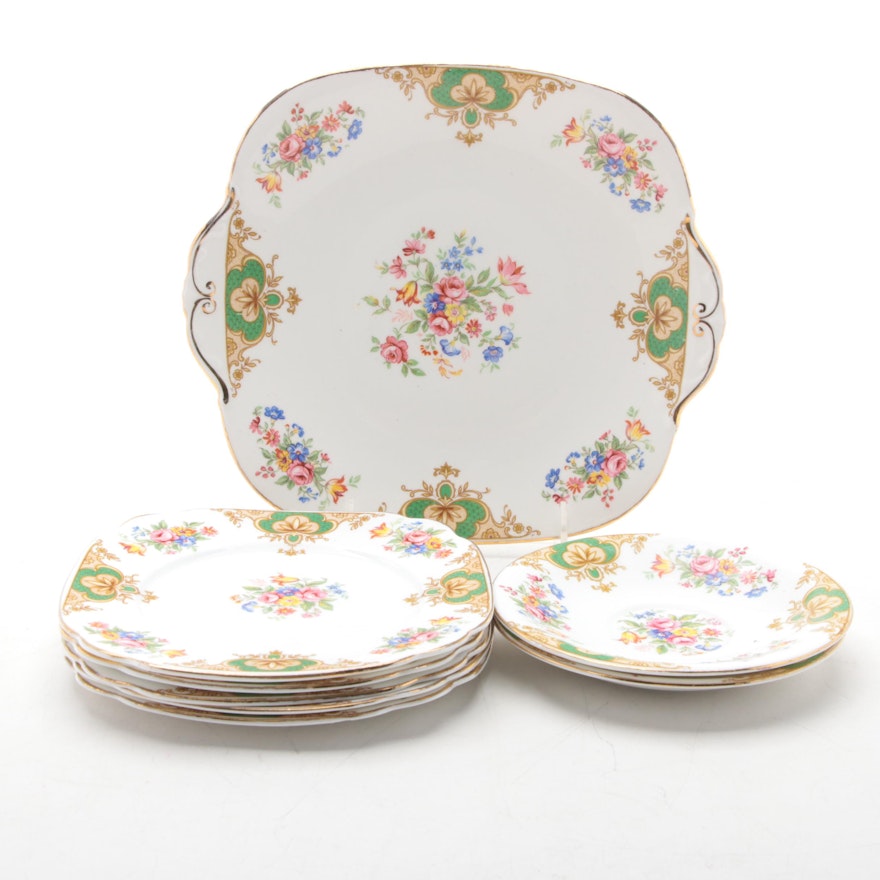 Windsor Bone China Floral Saucers, Plates and Platter, Mid-20th Century