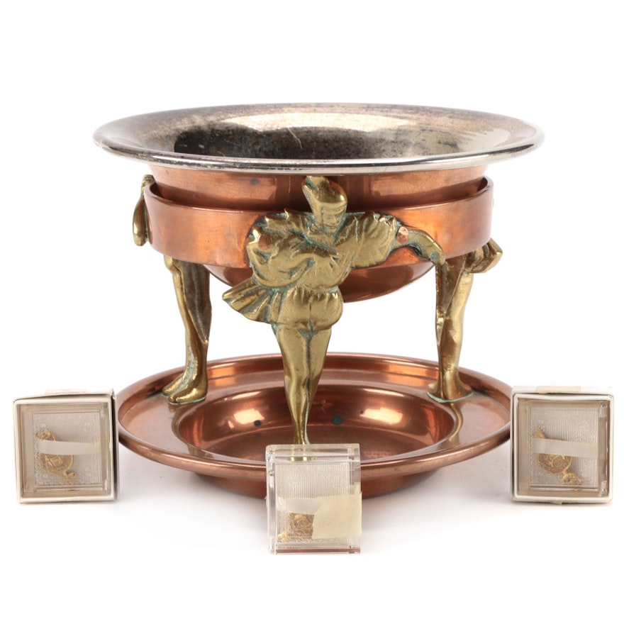 Cafe Brülot Silver Plate Copper Bowl on Brass and Copper Presentation Base