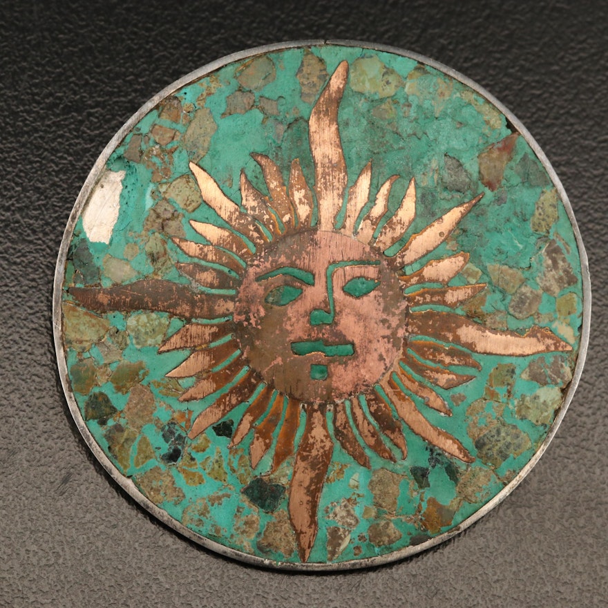 Taxco Sterling Stone Inlay Sunburst Converter Brooch