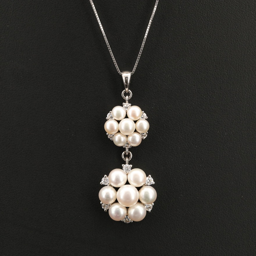 Sterling Pearl and Cubic Zirconia Cluster Pendant Necklace