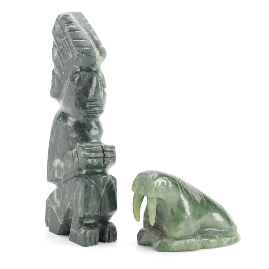 Inuit Style Carved Nephrite Walrus and Carved Serpentine Figure