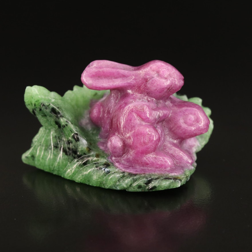 Loose Carved Rabbit in Grass Ruby and Zoisite Figurine