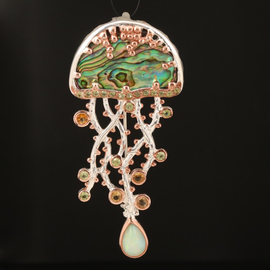 Sterling Jelly Fish Converter Brooch Including Abalone, Opal and Peridot