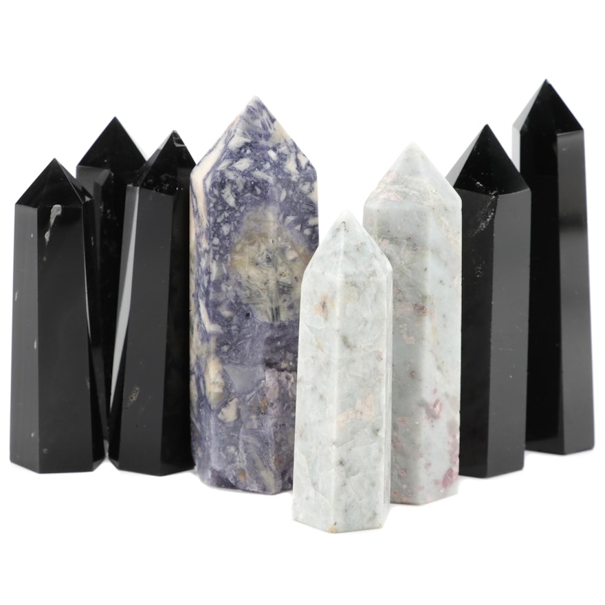 Polished Violet Jasper, Lepidolite, and Obsidian Crystal Points