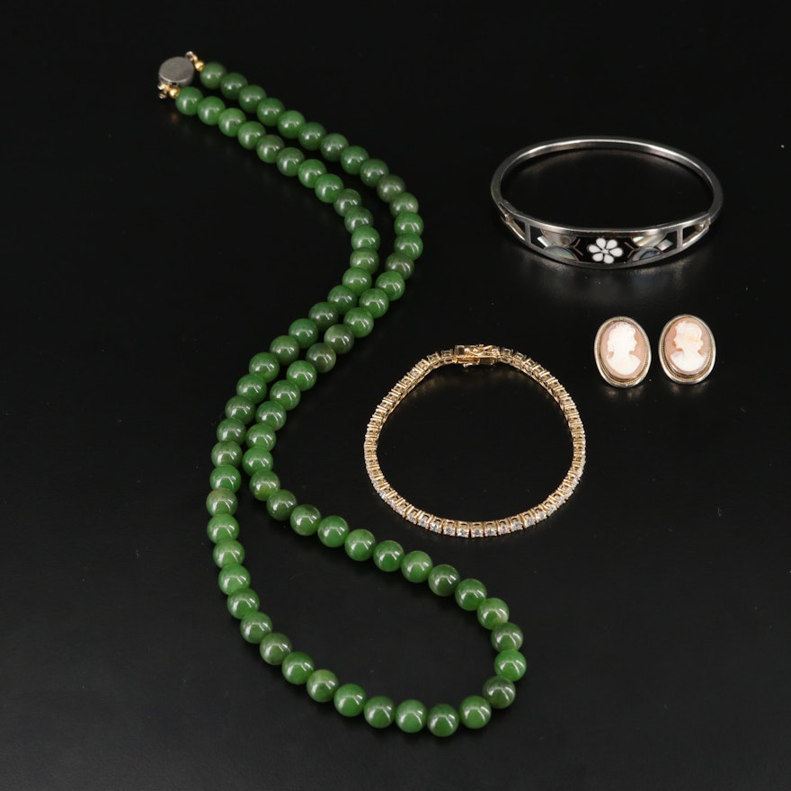 850 and Sterling Silver Cameo Earrings, Nephrite Necklace, Bracelet and Bangle