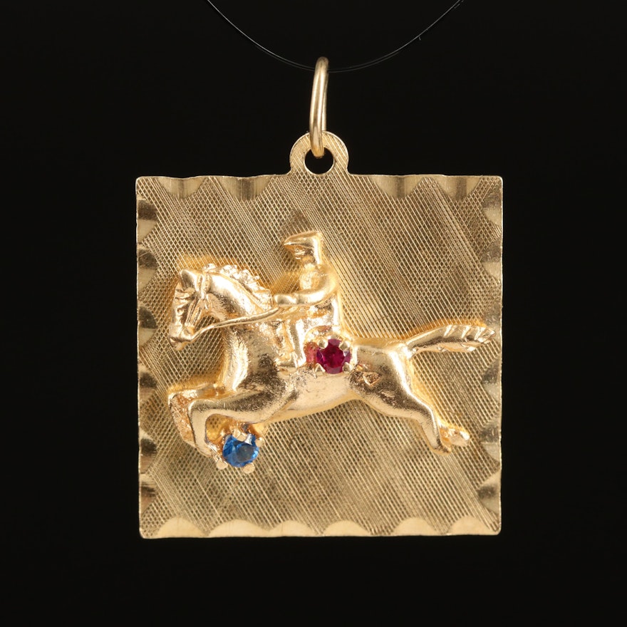 14K Horse Rider Pendant with Spinel and Ruby