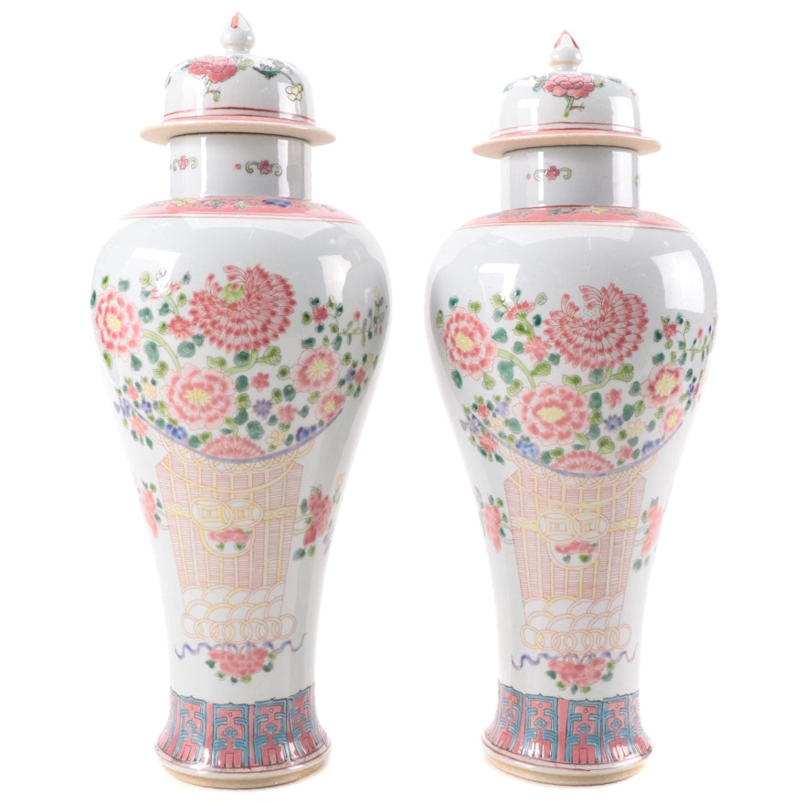 Pair of Chinese Hand-Painted Famille Rose Ceramic Temple Jars