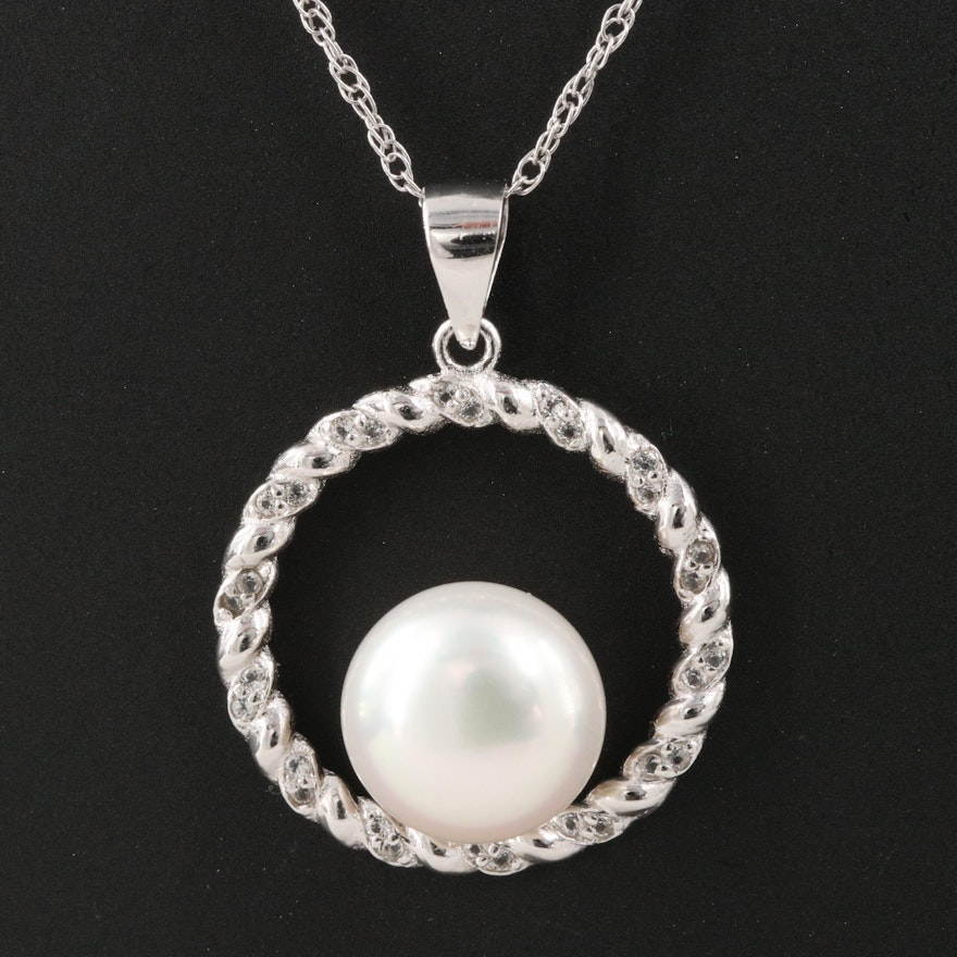 Sterling Silver Pearl and White Topaz Circle Pendant Necklace
