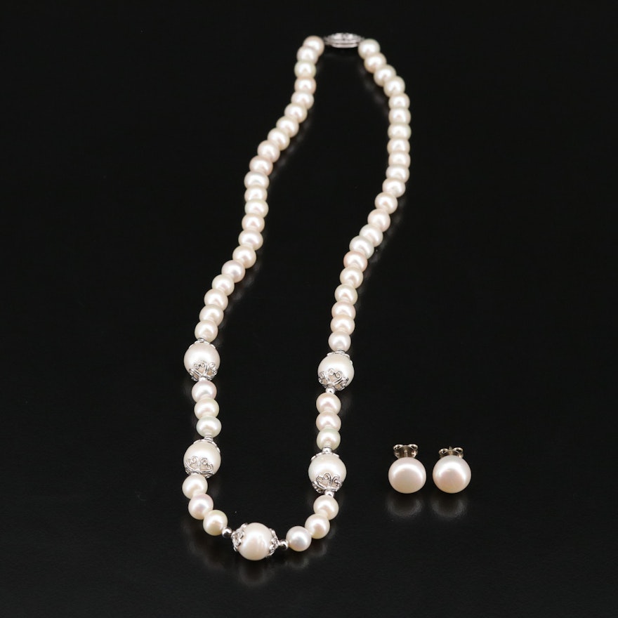 Sterling Pearl Necklace and Stud Earrings