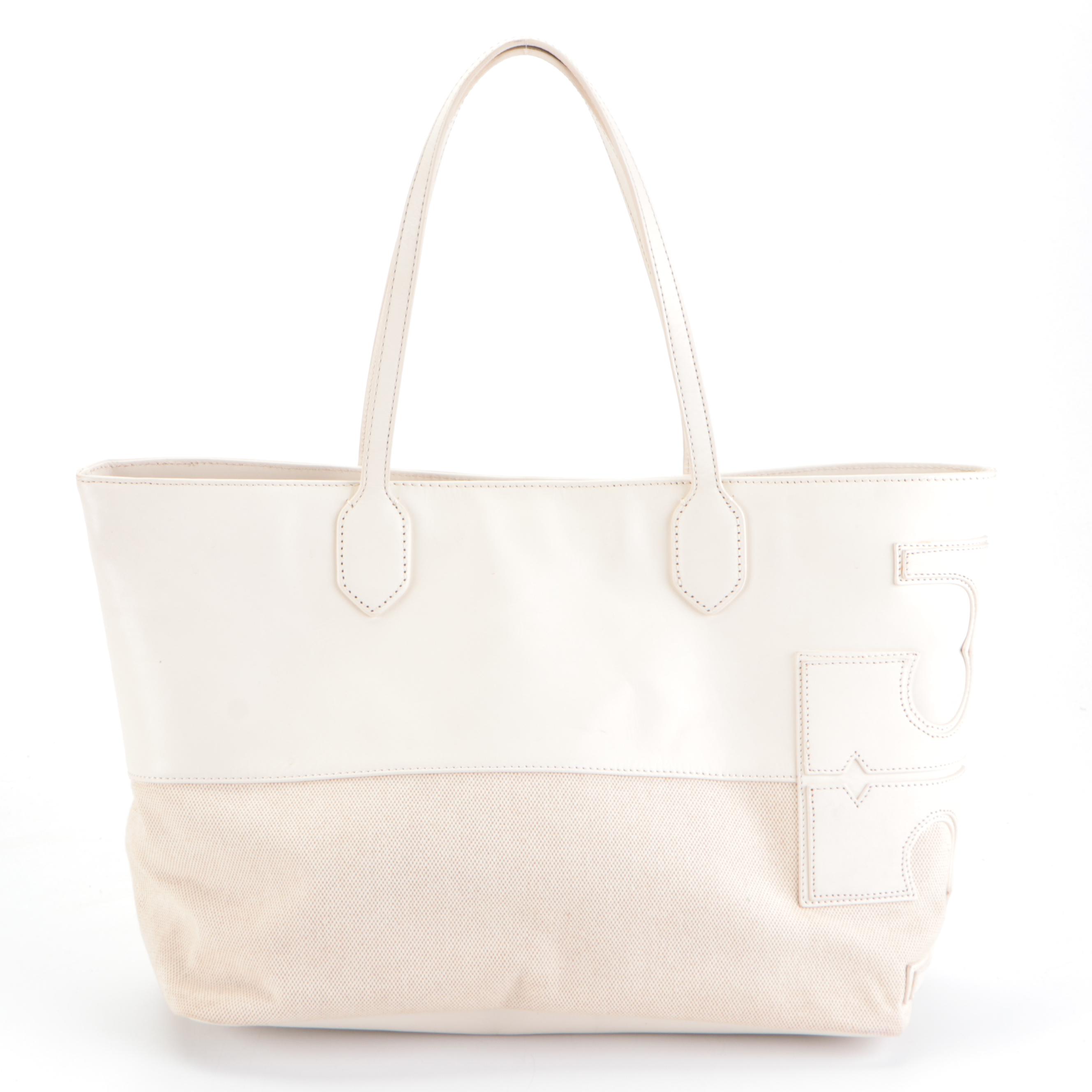 Tory Burch Shoulder Tote Tag in Ivory Woven Canvas and Leather