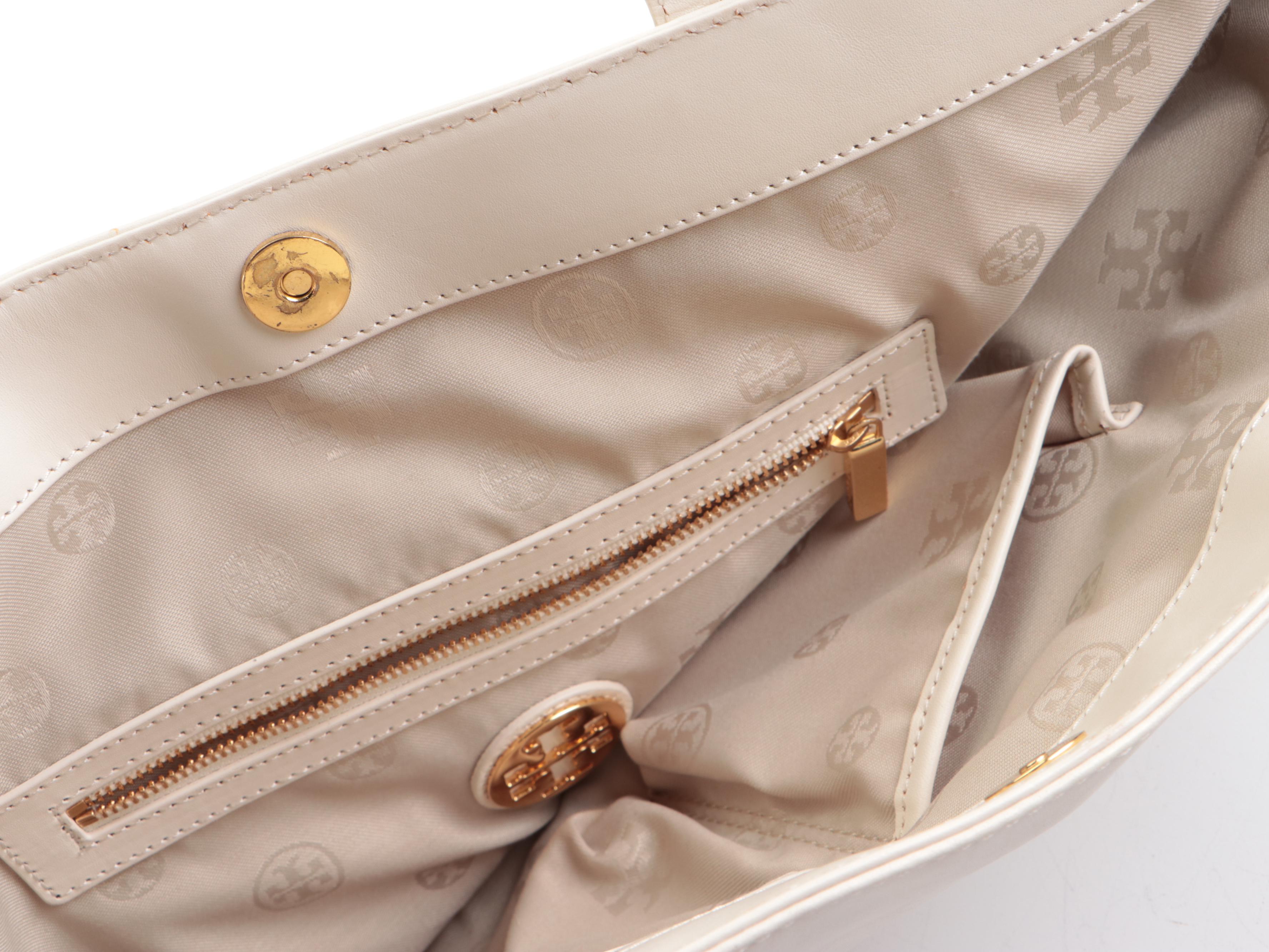 Tory Burch Shoulder Tote Tag in Ivory Woven Canvas and Leather