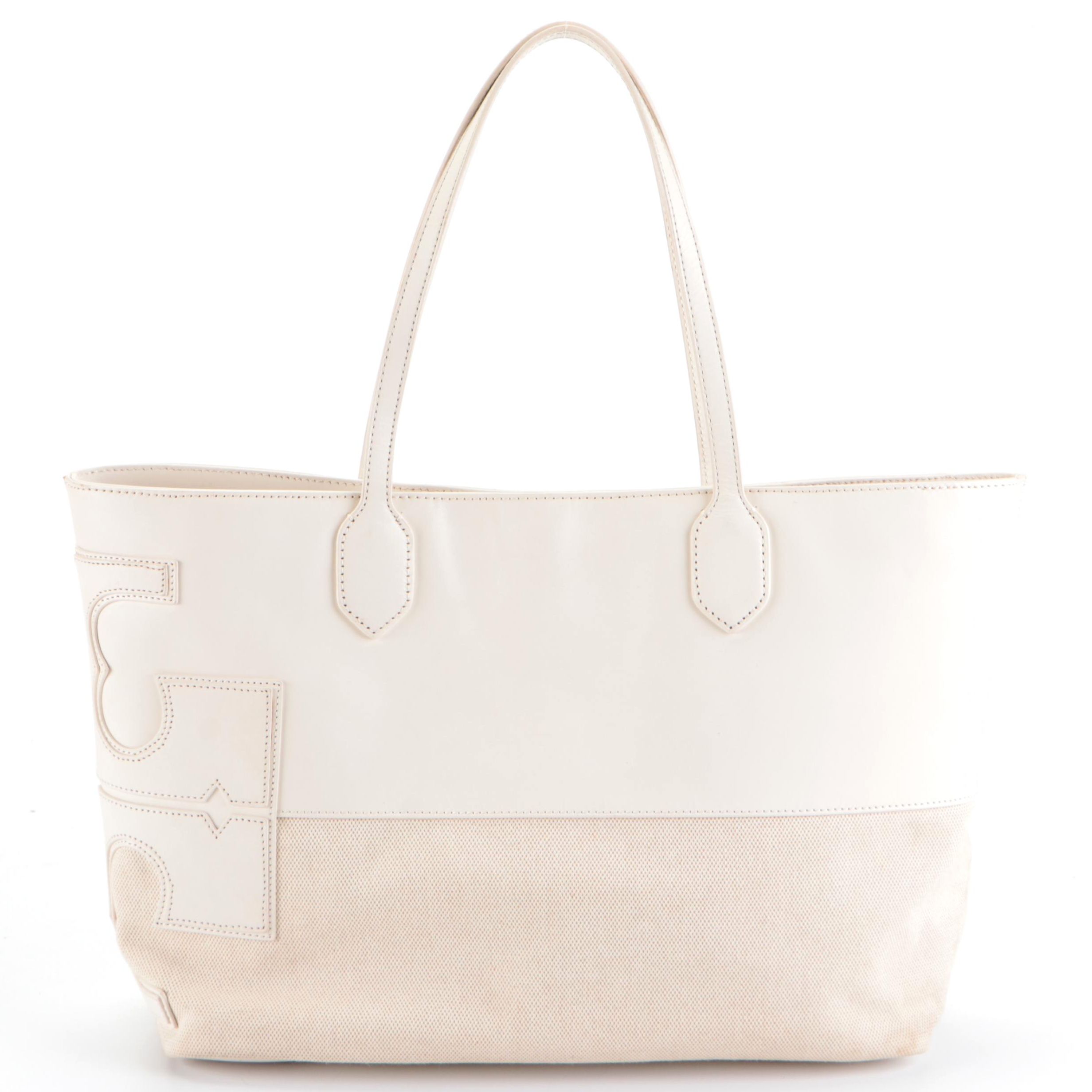 Tory Burch Shoulder Tote Tag in Ivory Woven Canvas and Leather