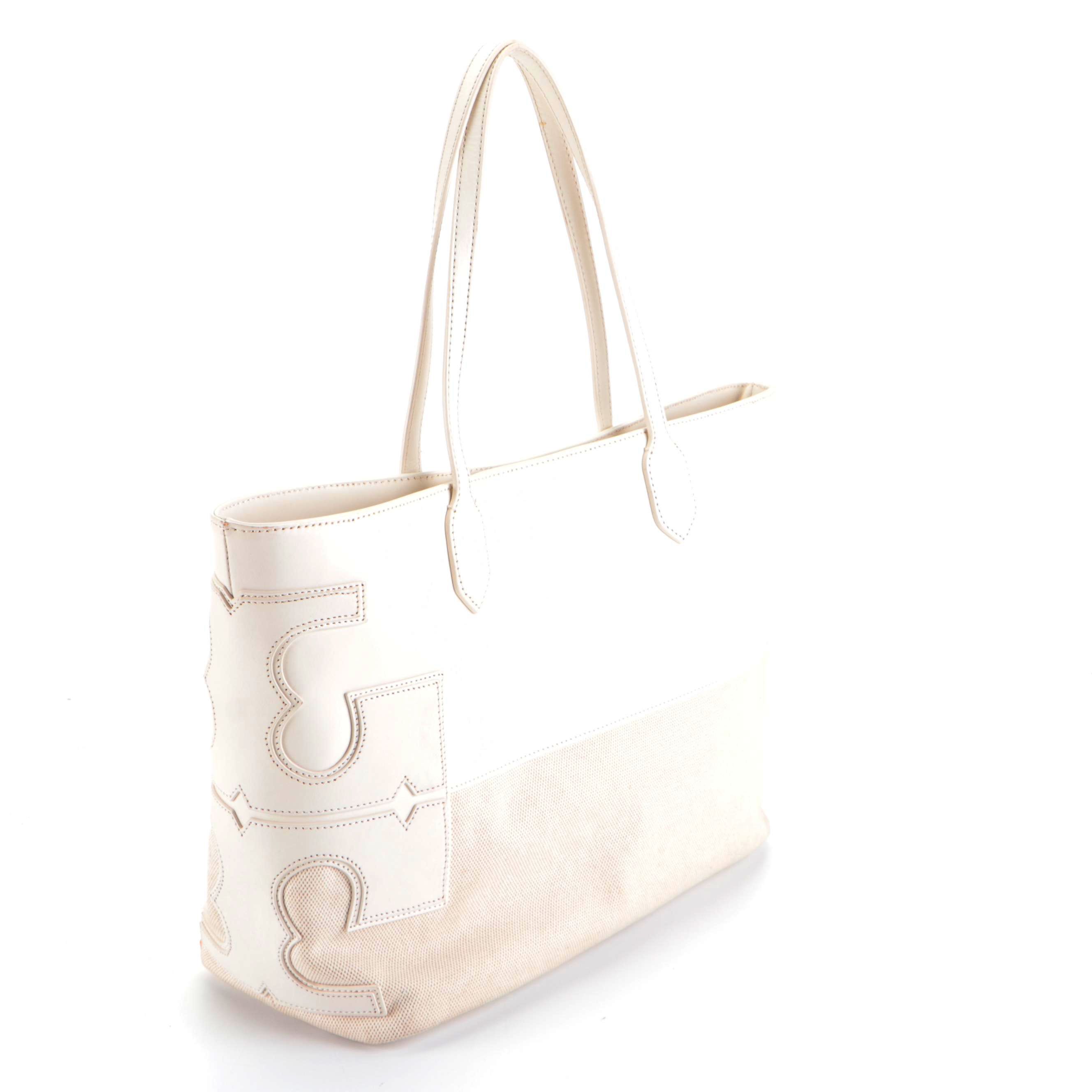 Tory Burch Shoulder Tote Tag in Ivory Woven Canvas and Leather